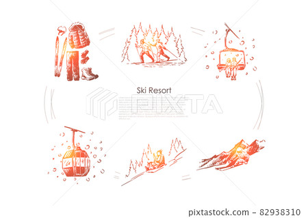 Ski resort - ski equipment and clothes, going by sledges with child, skiing in forest, ski lift and cabin vector concept set 82938310