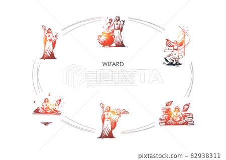 Wizard - wizard in special costume cooking potion in cauldron, standing with magic wand and with owl on hand, meditating, moving objects in space, taking off into air vector concept set Wizard - wizard in special costume cooking potion in cauldron, standing with magic wand and with owl on hand, meditating, moving objects in space, taking off into air vector concept set 82938311