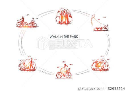 Walk in the park - people riding bicycles, walking with baby carriage, flying kites, walking dog vector concept set 82938314