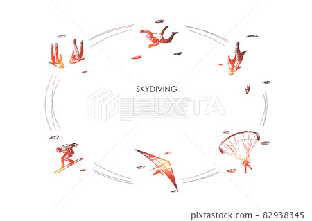 Skydiving - people in air jumping with parachute and skydiving vector concept set 82938345