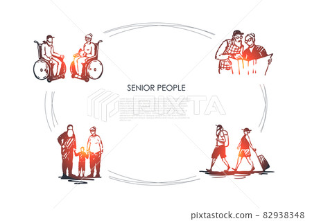 Senior people - old people sitting on wheelchairs, reading newspaper, travelling and walking with grandchildren vector concept set Senior people - old people sitting on wheelchairs, reading newspaper, travelling and walking with grandchildren vector concept set 82938348