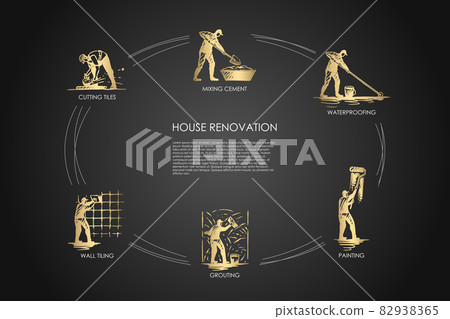 House renovation - cutting tiles, mixing cement, waterproofing, painting, grouting, wall tiling vector concept set 82938365