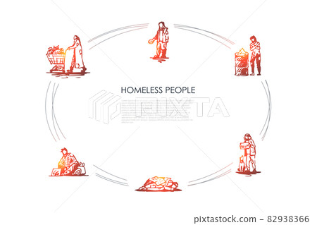 Homeless people - people begging for money and food, sleeping on street, warming up near fire, collecting garbage vector concept set 82938366