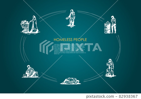 Homeless people - people begging for money and food, sleeping on street, warming up near fire, collecting garbage vector concept set 82938367
