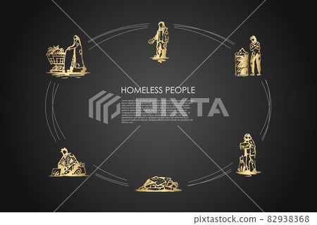 Homeless people - people begging for money and food, sleeping on street, warming up near fire, collecting garbage vector concept set 82938368