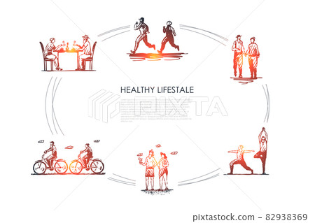 Healthy lifestyle - people jogging, walking, doing yoga, sunbathing, riding bicycles and drinking tea vector concept set 82938369