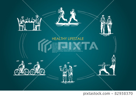 Healthy lifestyle - people jogging, walking, doing yoga, sunbathing, riding bicycles and drinking tea vector concept set 82938370