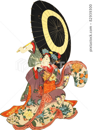A man's back with a snake-eye umbrella and a gorgeous kimono daughter 82939300