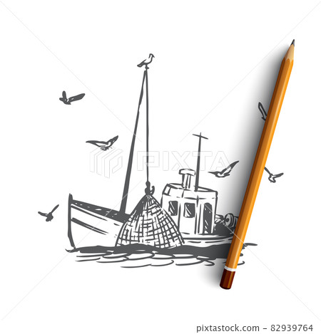 Fishing, boat, commercial, ship, marine concept. Hand drawn isolated vector. Fishing, boat, commercial, ship, marine concept. Hand drawn isolated vector. 82939764