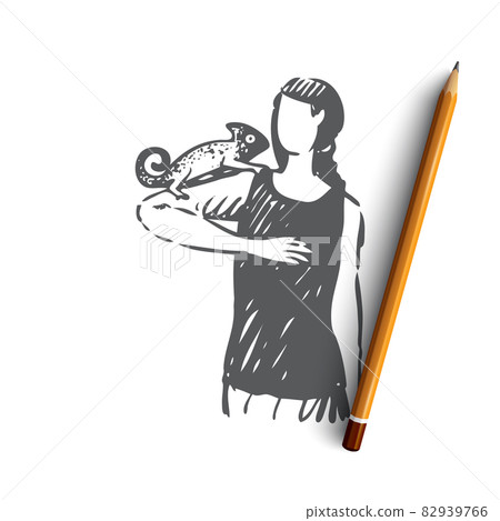Woman, chameleon, animal, pet concept. Hand drawn isolated vector. Woman, chameleon, animal, pet concept. Hand drawn isolated vector. 82939766