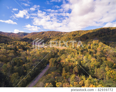 Aerial view of autumn Hokkaido Jozankei-Asari Pass (Sapporo International Ski Resort in the back) Aerial view of autumn Hokkaido Jozankei-Asari Pass (Sapporo International Ski Resort in the back) 82939772