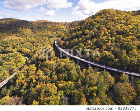 Aerial view of Asari Pass in Hokkaido in autumn Aerial view of Asari Pass in Hokkaido in autumn 82939775