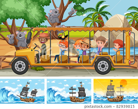 Set of different scenes with pirate ship at the sea and animals in the zoo Set of different scenes with pirate ship at the sea and animals in the zoo 82939815