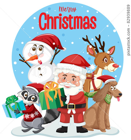 Merry Christmas text logo with Santa Claus and friends Merry Christmas text logo with Santa Claus and friends 82939889
