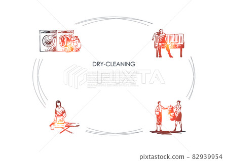 Dry-cleaning - ironing, chemical cleaning, machine washing, drying vector concept set 82939954