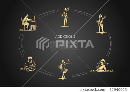 Addictions - smoking, alcoholism, drug addiction, fast food, coffee and spending money addicting vector concept set Addictions - smoking, alcoholism, drug addiction, fast food, coffee and spending money addicting vector concept set 82940023