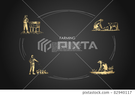 Farming - women feeding animals, picking harvest, taking care of hives vector concept set 82940117