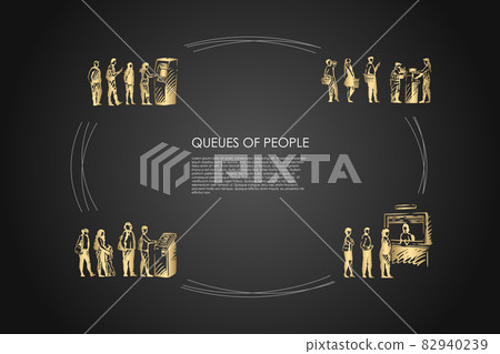 Queues of people - people in line waiting for their turn for atm, paying terminal and for boarding vector concept set Queues of people - people in line waiting for their turn for atm, paying terminal and for boarding vector concept set 82940239