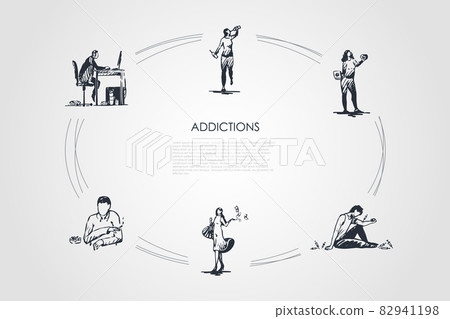 Addictions - smoking, alcoholism, drug addiction, fast food, coffee and spending money addicting vector concept set 82941198