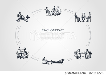 Psychotherapy - psychotherapist speaking with patients vector concept set Psychotherapy - psychotherapist speaking with patients vector concept set 82941226