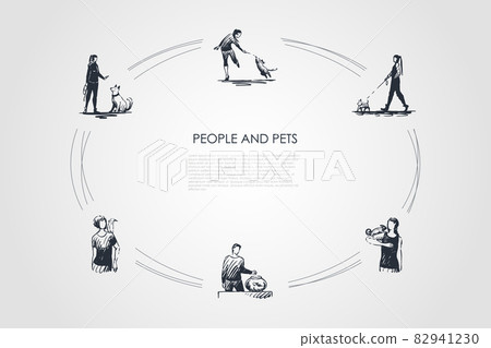 People and pets - people with their dogs, parrot, fish and lizzard vector concept set 82941230