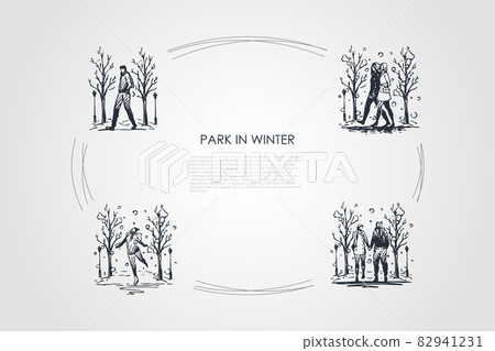 Park in winter - people walking in park in winter vector concept set Park in winter - people walking in park in winter vector concept set 82941231