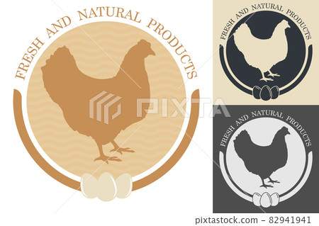 Silhouette of chicken inside circle. Embelm, badge for farm or organic chicken meat. Farm bird. Vector isolated on white background Silhouette of chicken inside circle. Embelm, badge for farm or organic chicken meat. Farm bird. Vector isolated on white background 82941941