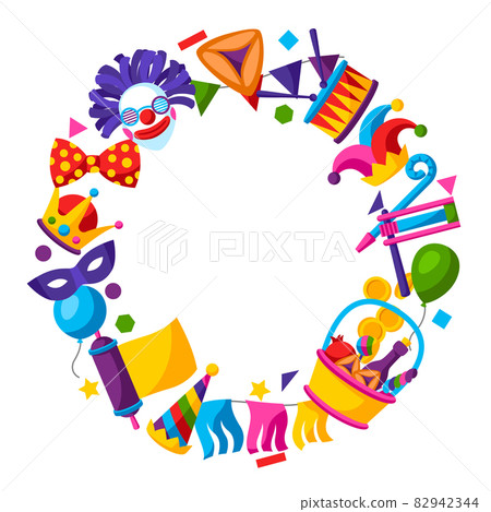 Happy Purim Jewish holiday frame. Background with traditional symbols. Happy Purim Jewish holiday frame. Background with traditional symbols. 82942344