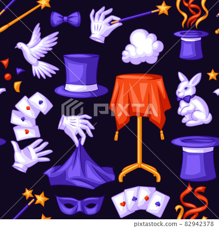 Magician seamless pattern with magic items. Illusionist show or performance background. Cartoon style illustration of tricks. 82942378