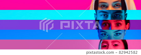Collage of close-up male and female eyes isolated on colored neon backgorund. Multicolored stripes. Collage of close-up male and female eyes isolated on colored neon backgorund. Multicolored stripes. 82942582