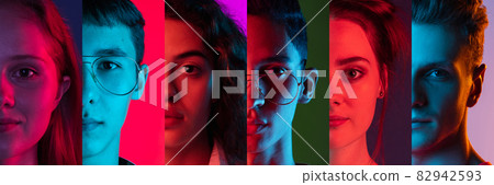 Cropped portraits of group of multiethnic people on multicolored background in neon light. Collage made of 6 models Cropped portraits of group of multiethnic people on multicolored background in neon light. Collage made of 6 models 82942593