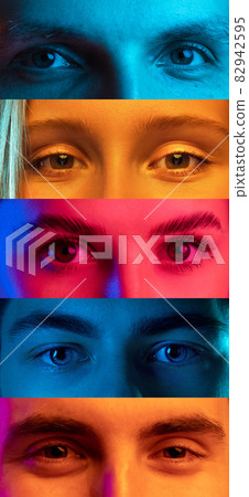 Vertical collage of open eyes of young multiethnic men and women on multicolored background. Concept of youth, unity, equality and diversity Vertical collage of open eyes of young multiethnic men and women on multicolored background. Concept of youth, unity, equality and diversity 82942595