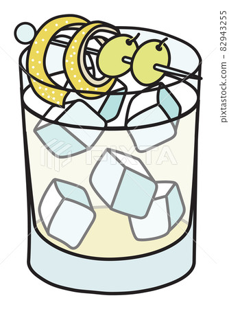 VENTO classic New Era cocktail in a typical idol mug. Grappa and Chamomile cordial based drink decorated with lemon twist and white grapes. Stylish doodle cartoon vector illustration. 82943255