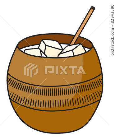 Canchanchara classic New Era cocktail in specific clay mug. National Cuban Aguardiente based drink served on the rocks. Stylish hand-drawn doodle cartoon vector illustration. Good for cards, posters 82943390