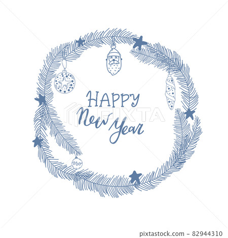 lettering happy New Year with tree . Celebration background with Christmas wreath and place for your text. Vector Illustration lettering happy New Year with tree . Celebration background with Christmas wreath and place for your text. Vector Illustration 82944310