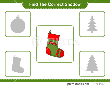 Find the correct shadow. Find and match the correct shadow of Christmas Sock. Educational children game, printable worksheet, vector illustration Find the correct shadow. Find and match the correct shadow of Christmas Sock. Educational children game, printable worksheet, vector illustration 82944682