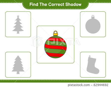 Find the correct shadow. Find and match the correct shadow of Christmas Ball. Educational children game, printable worksheet, vector illustration 82944692