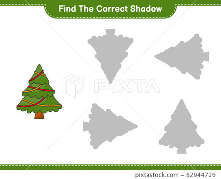 Find the correct shadow. Find and match the correct shadow of Christmas Tree. Educational children game, printable worksheet, vector illustration 82944726