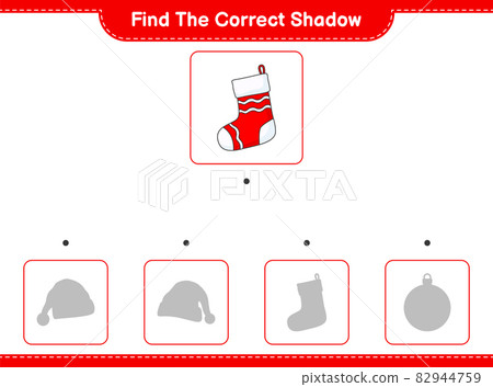 Find the correct shadow. Find and match the correct shadow of Christmas Sock. Educational children game, printable worksheet, vector illustration Find the correct shadow. Find and match the correct shadow of Christmas Sock. Educational children game, printable worksheet, vector illustration 82944759