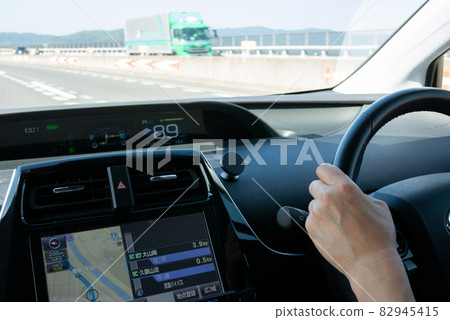View from the driver's seat of a passenger car traveling on the highway View from the driver's seat of a passenger car traveling on the highway 82945415