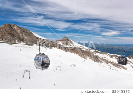 Ski lifts, cableway and slopes in high mountains. Kaprun glacier-Zell am see area, Austria. 82945575