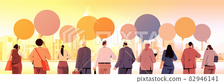 mix race businesspeople team standing back to camera rear view of business people group chat bubble communication mix race businesspeople team standing back to camera rear view of business people group chat bubble communication 82946141