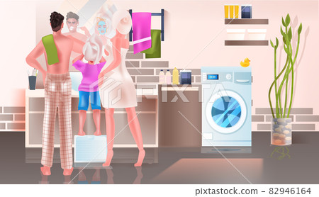family brushing teeth and applying masks in bathroom full length horizontal family brushing teeth and applying masks in bathroom full length horizontal 82946164