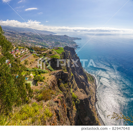 View from european highest cliffs Fajas de Cabo Girao on te Portugese island of Madeira in summer 82947048