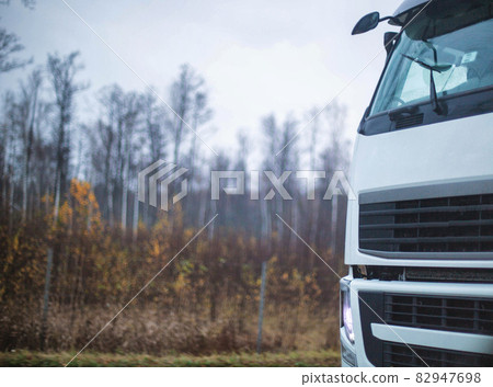 Truck cabin close-up on the background of the forest, the concept of the dead zone and the invisible zone to the driver. Copy space for text 82947698