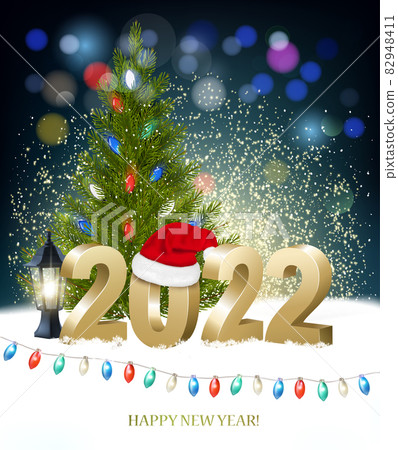 New Year and Merry Christmas Holiday Background with 2022 with Santa hat and colorful garland. Vector. New Year and Merry Christmas Holiday Background with 2022 with Santa hat and colorful garland. Vector. 82948411