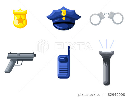 Set police in flat style on white background. Detective elements walkie-talkie, handcuffs, badge, cap, flashlight, pistol. Set police in flat style on white background. Detective elements walkie-talkie, handcuffs, badge, cap, flashlight, pistol. 82949008