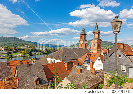 View to St. Jacobus church in the medieval German city of Miltenberg during daytime 82949128