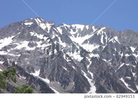 從上高地眺望自然豐富的信州春天的北阿爾卑斯山的穗高山脈,有雪 從上高地眺望自然豐富的信州春天的北阿爾卑斯山的穗高山脈,有雪 82949153
