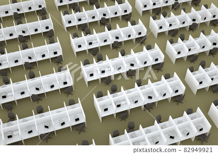 3D illustration of workplaces with partitions in the office. Isolated places in the office. Lot of workplaces with partitions, personal space. Personal chairs, laptops, white poles. 3D graphics 3D illustration of workplaces with partitions in the office. Isolated places in the office. Lot of workplaces with partitions, personal space. Personal chairs, laptops, white poles. 3D graphics 82949921